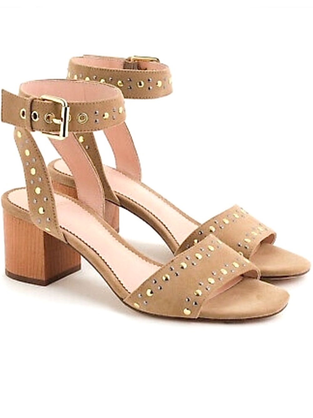 JCREW Penny Studded Sandal Tan Nude Suede Ankle Strap Block Heels Pumps 5.5